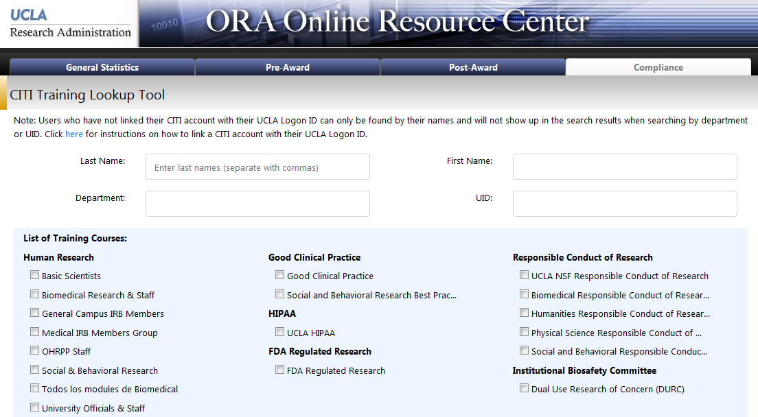 Front page of the CITI Training Lookup Tool